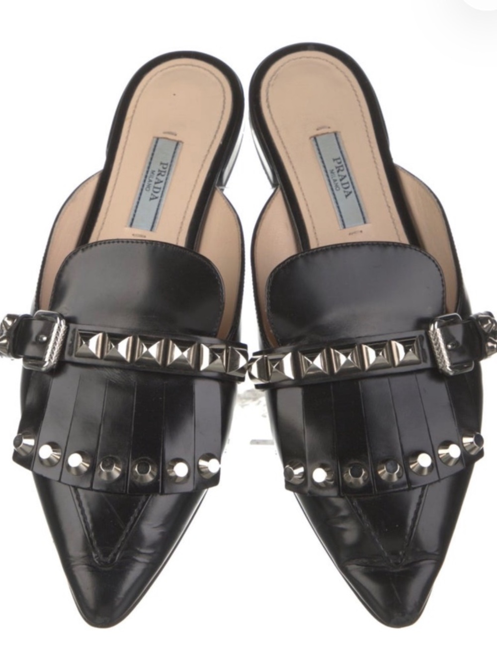 Prada Black Leather Mules Womens Size 6.5 Studded Fringe Buckle Designer Luxe